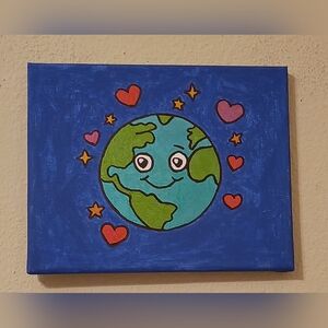 Handpainted Smiling Globe Acrylic Painting Wall Decor 8x10"